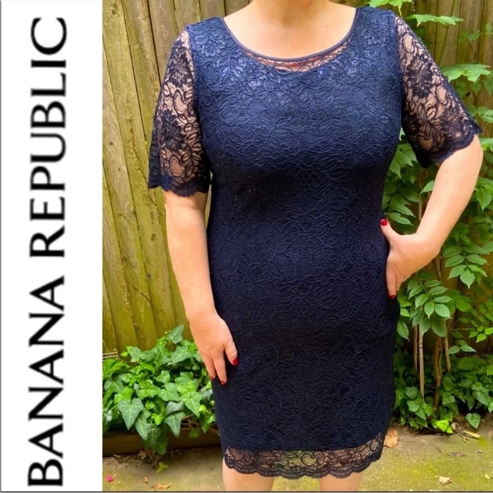 $270 Banana Republic Navy Blue Lace Dress Subtle Shimmer, Size 14 w/ STRETCH NWT - Picture 8 of 11